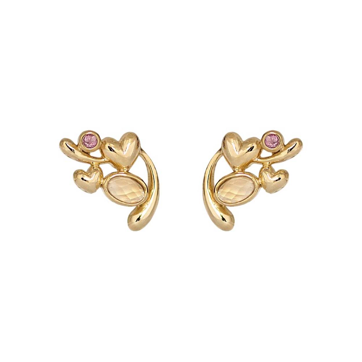 Deze geel goud vergulde oorknoppen hebben elk een witte maansteen van 5 x 3 mm en een ronde roze toermalijn van 2 mm samen met twee geel goud vergulde hartjes.