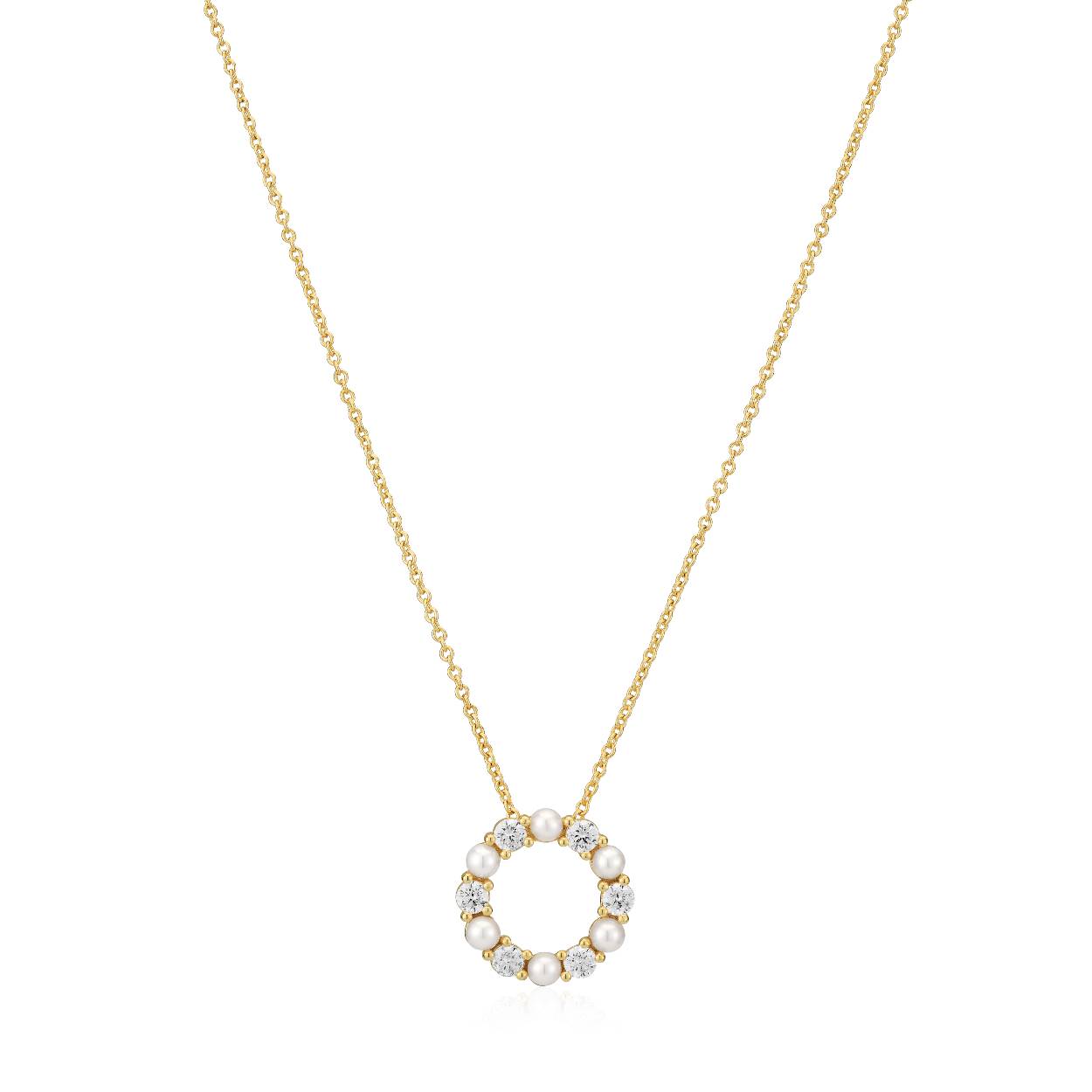 Collier gemaakt van 18 karaats verguld 925 sterling zilver, gepolijst oppervlak, met facetgeslepen witte zirkonia en glanzende zoetwaterparels.
