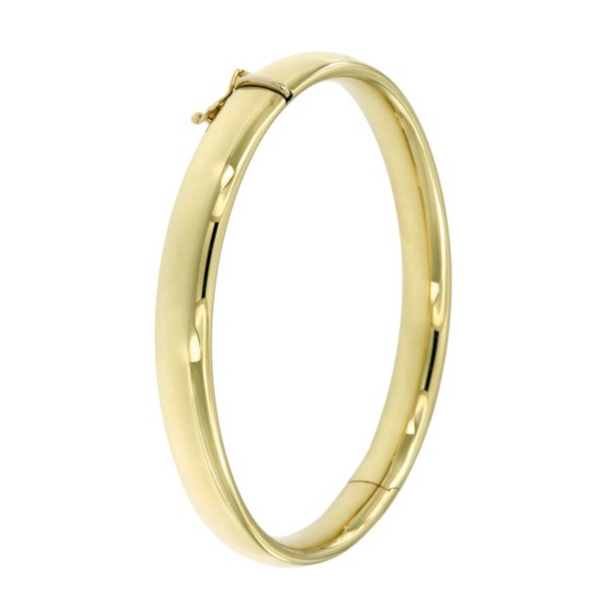 Deze gouden slavenarmband deukt niet snel doordat het holle deel is gevuld met zilver. Hierdoor is de armband massief en dus een stuk deukbestendiger. 
De slavenarmband heeft een sluiting met een drukker en is voorzien van een veiligheidsachtje.