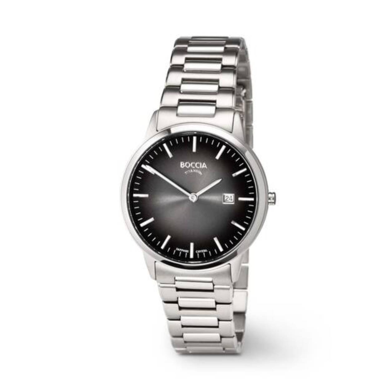 Boccis herenhorloge van titanium met een blauwe wijzerplaat en een saffierglas