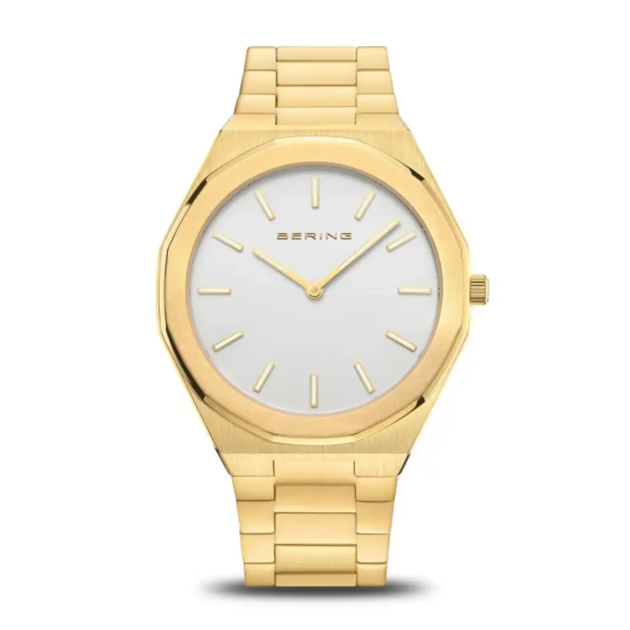 Voor de horloges uit de Classic-collectie worden uitsluitend hoogwaardige materialen gebruikt, zoals bijzonder hard, glashelder en krasbestendig saffierglas. Dit betekent dat de tijd geen sporen achterlaat op dit horlogeglas. Het gebruikte huidvriendelijke roestvrij staal garandeert een glamoureuze uitstraling. De stoere uitstraling van het staal en de puristische, heldere lijn van het ontwerp van het BERING-horloge vullen elkaar ideaal aan. De kast - gepolijst of geborsteld - is gemaakt van zuiver en hoogwaardig roestvrij staal (316L), zoals ook gebruikt in de medische technologie.  Puristisch roestvrij staal wordt in de CLASSIC horlogecollectie gecombineerd met delicate, soepele Milanaise bandjes of edele bandjes van natuurlijk gelooid kalfsleer. Klassieke elegantie ontmoet een onmiskenbaar aangenaam draaggevoel en zorgt voor de klassiek nobele BERING-look. 
