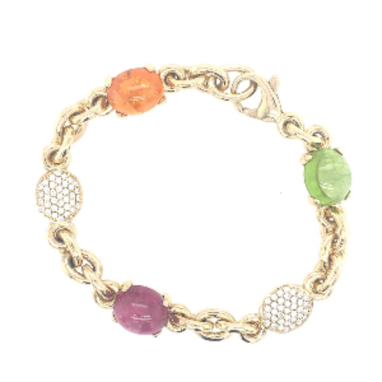 geelgouden handgemaakte armband met 0,74ct briljant, rose tourmalijn mandarijn granaat( en peridoot