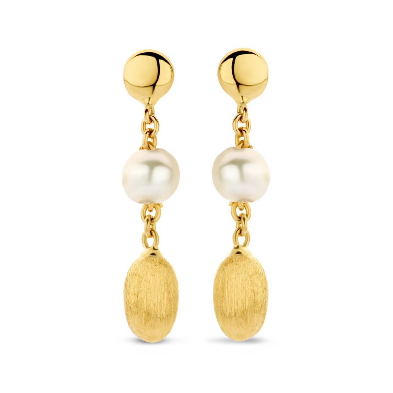 Geelgouden oorslingers met matte elementen en parelmoer