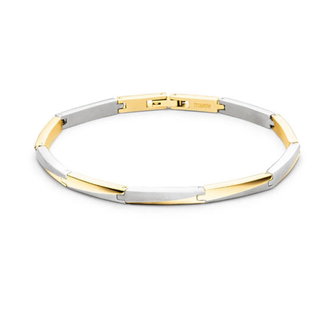 Boccia titanium armband Bicolor. Deze fantasie schakel is mat/ glans. Waarvan het goudkleurige gedeelte hoogglans gepolijst is. 