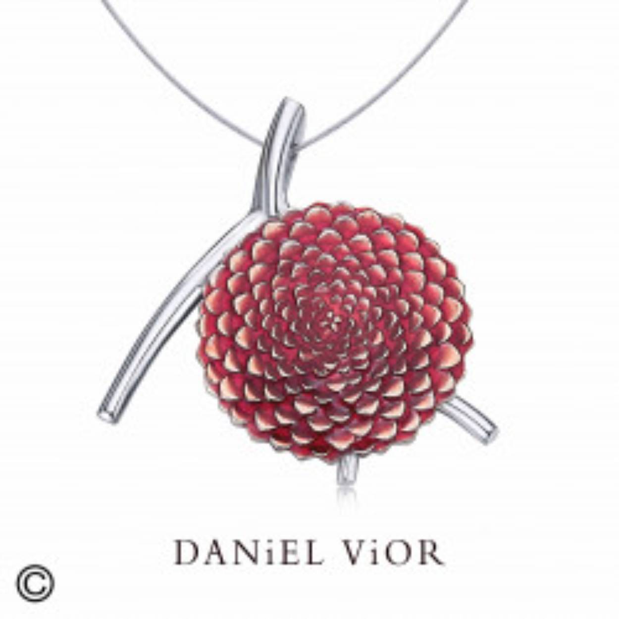 hanger DALHIA van Daniel Vior, gemaakt van gerhodineerd zilver met rood emaille