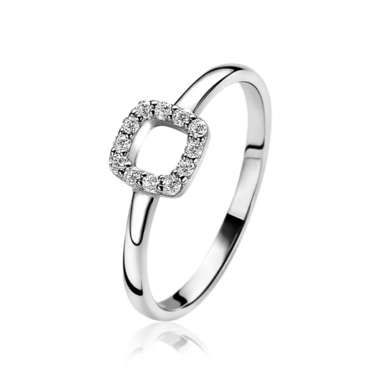 ZINZI zilveren ring met een open vierkant als zetting en vol bezet met witte zirconia's. De ring is vervaardigd van eerste gehalte zilver (925) en met extra rodiumlaag voor mooie glans.