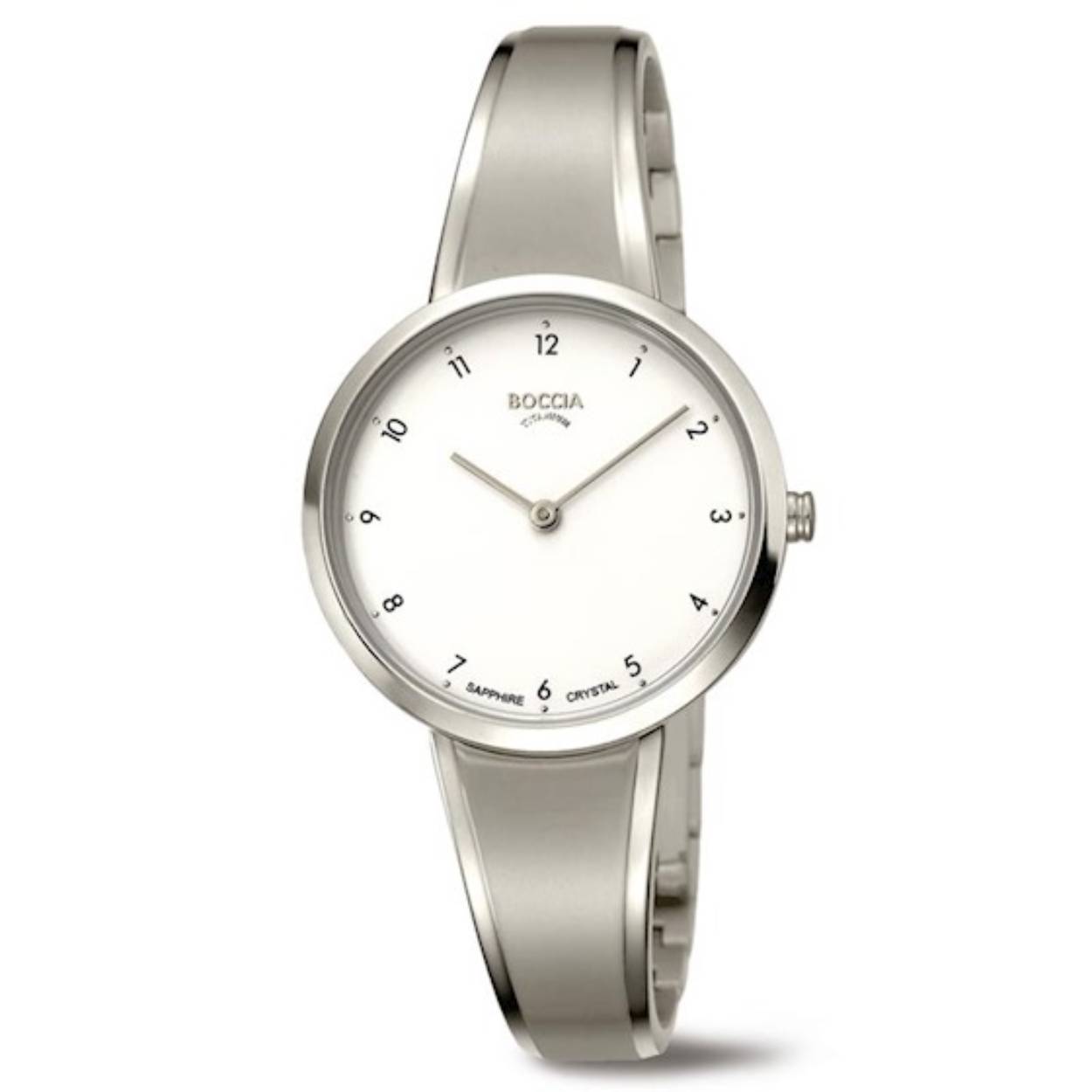 Dit dameshorloge is van het merk Boccia. Het is een analoog horloge gemaakt van titanium. De diameter van de kast is 33 mm.