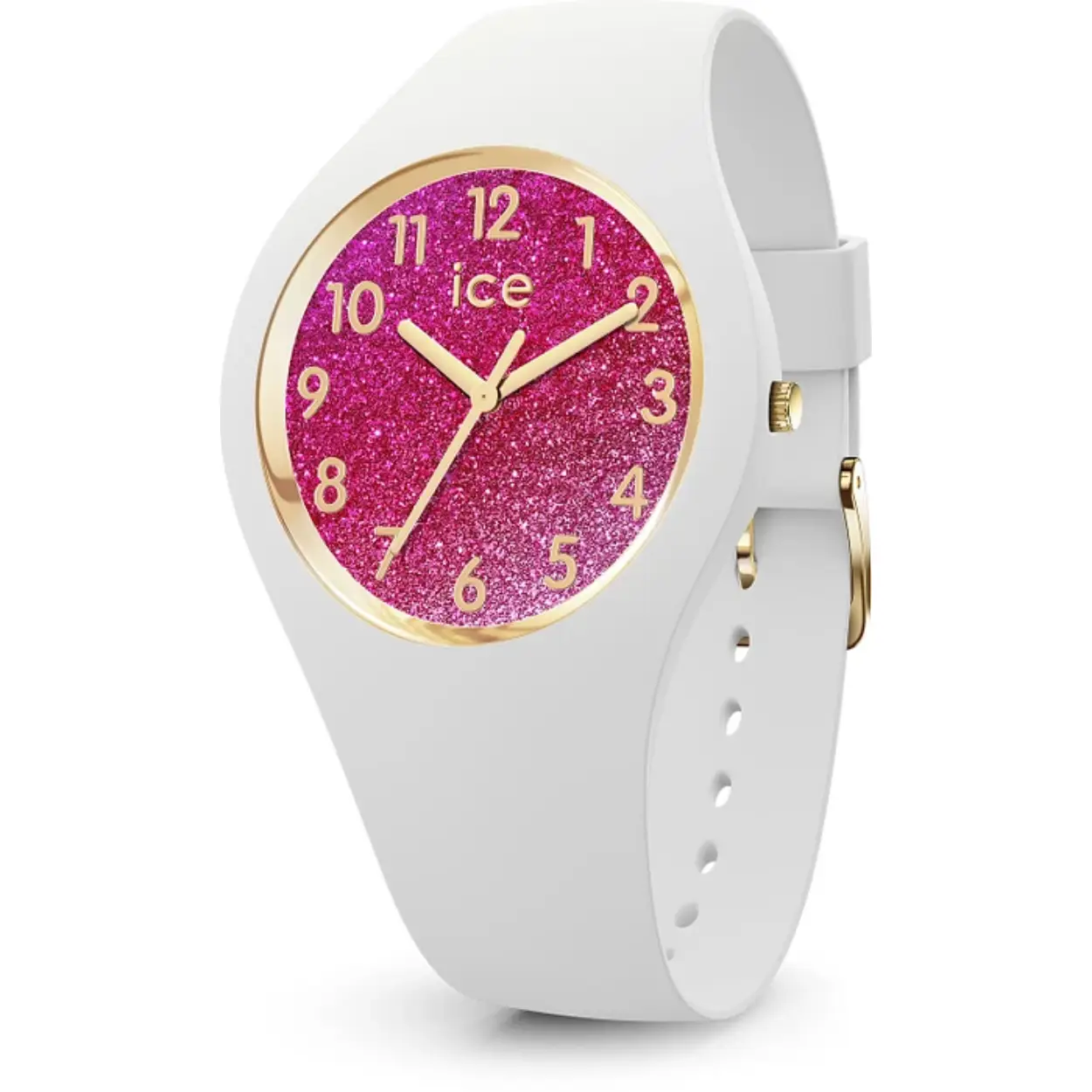 De ICE WATCH GLITTER - WHITE PINK - S34 - 022572 is een stijlvol horloge met een opvallend design. Het horloge heeft een analoge tijdaanduiding en werkt op een betrouwbaar quartz uurwerk. Met een diameter van 34 mm en een hoogte van 10 mm heeft dit horloge een elegant formaat dat perfect is voor zowel dagelijks gebruik als speciale gelegenheden.

De behuizing van de ICE WATCH GLITTER is rond van vorm en heeft een frisse witte kleur. De behuizing is gemaakt van hoogwaardig siliconen, wat zorgt voor een comfortabele pasvorm en duurzaamheid. De wijzerplaat van het horloge is roze van kleur en geeft het geheel een speelse uitstraling. Het glas van het horloge is gemaakt van mineraal, wat zorgt voor een goede bescherming tegen krassen en stoten.

De band van de ICE WATCH GLITTER is wit van kleur en gemaakt van siliconen, wat zorgt voor een prettig draagcomfort. De sluiting van het horloge is een handige gesp, waarmee je het horloge eenvoudig om en af kunt doen. Dit horloge heeft geen datumweergave, maar is waterdicht tot 10 bar, wat betekent dat je er mee kunt zwemmen zonder problemen.