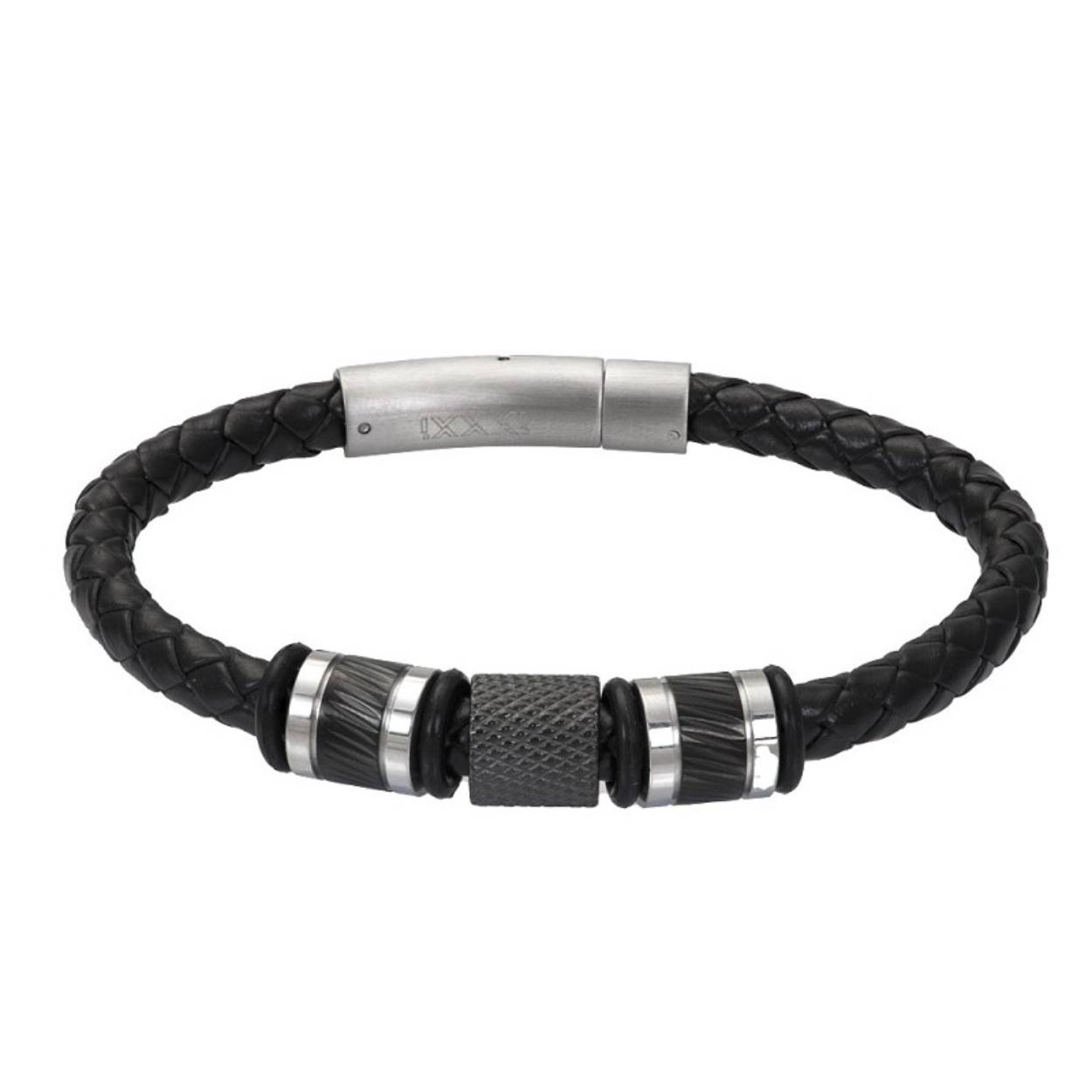 De iXXXi Men armband John bestaat uit een combinatie van zwart leder en mat zilverkleurige details gemaakt van stainless steel. De bracelet bestaat uit twee ronde, gevlochten, leren armbanden die samenkomen bij de sluiting.