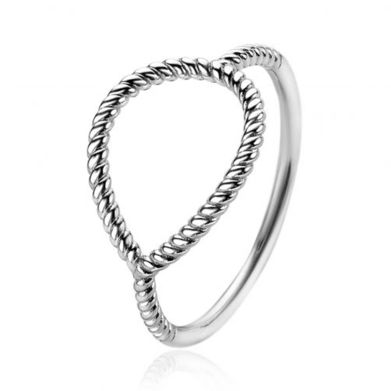 ZINZI zilveren ring met een grote open druppelvorm. De druppelvorm heeft een mooi gedraaid effect. Vervaardigd van eerste gehalte zilver (925) en voorzien van een extra rodiumlaag voor een langdurige glans.
