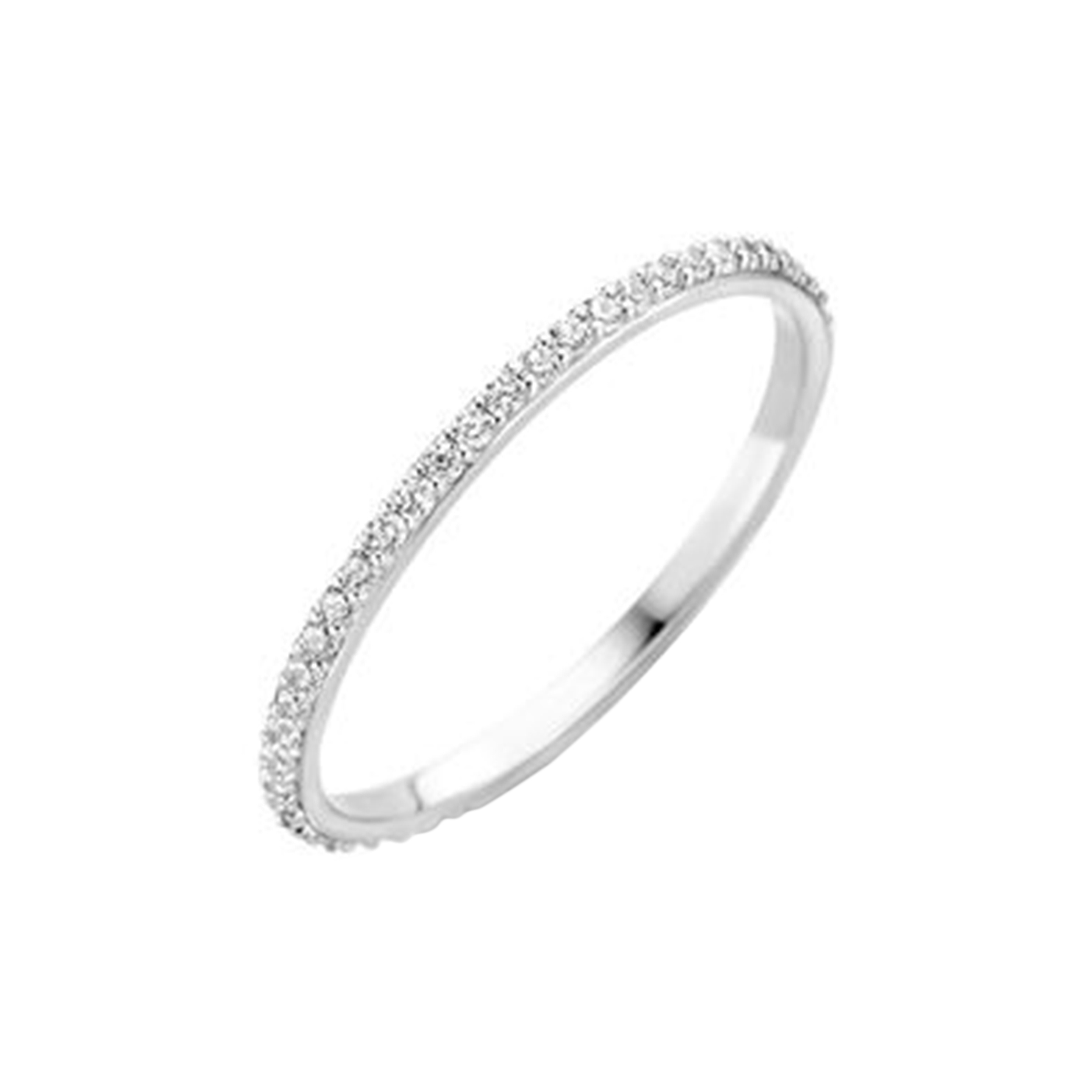 Sprankelende zirkonia’s sieren deze 14k witgouden ring. De band is 1,3 mm breed en staat prachtig om pink, ring of middelvinger. Ook mooi te combineren met andere sieraden met zirkonia 