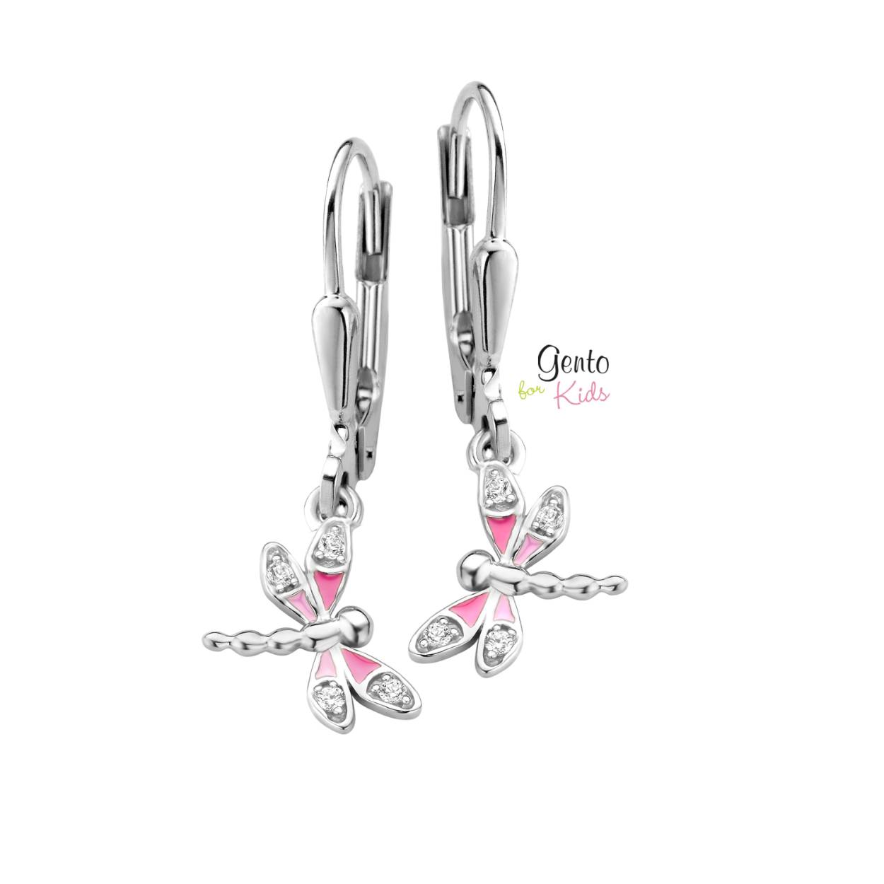 Zilveren oorhangers 'libel' met zirkonium steentjes
Bijhorende ketting met hanger ook verkrijgbaar