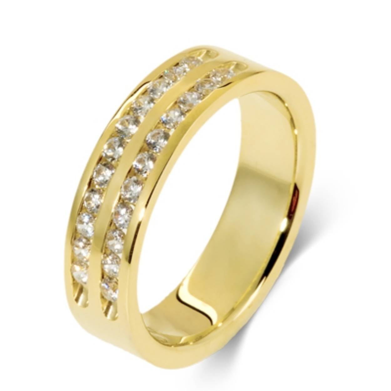 585 gouden trouwringen. kan zowel in witgoud als in geelgoud geleverd worden. 5.5 mm breed. De damesring is gezet met in totaal 0.484ct briljant
De prijs is op aanvraag