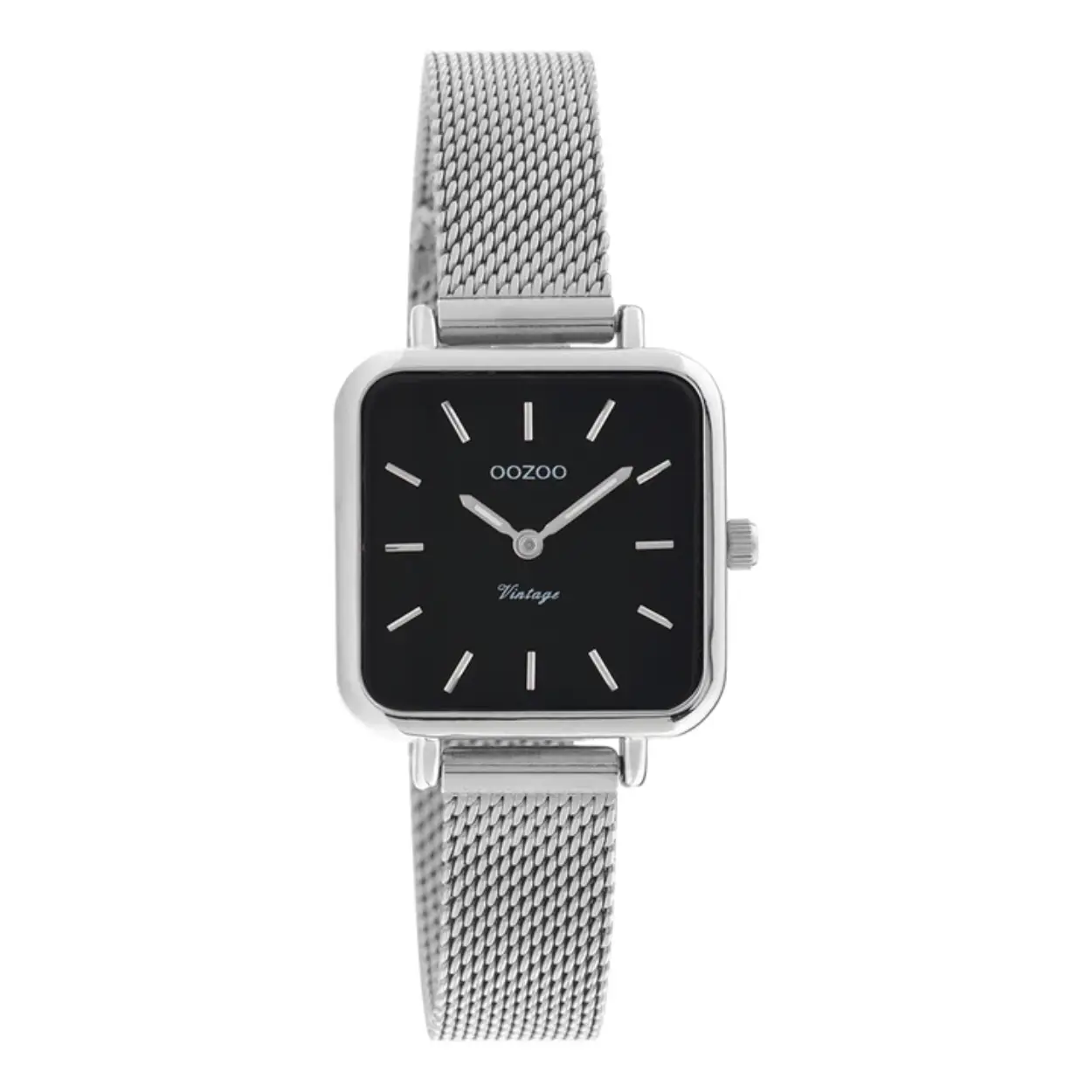 De klassieke look blijft centraal staan in deze trendy serie en daarom is dit OOZOO vintage vierkante design met een speelse knipoog dé musthave van het seizoen! Dit dames horloge is de perfecte combinatie van comfort en fashion met zijn 26mm x 26 mm zilverkleurige metalen horlogekast en zwarte wijzerplaat. De wijzerplaat heeft zilverkleurige strepen tijdsaanduidingen en zilverkleurige kleurige wijzers. De zilverkleurige glanzend metalen mesh armband maakt dit horloge tot een trendy accessoire dat je elke dag kunt dragen. Dit horloge voegt de sprankeling toe aan je outfit. Het mineraalglas ligt in een 6,9 mm dunne metalen horlogekast met IP-plating. De C20262 heeft een stainless steel achterplaat en is nikkel-safe. Dit horloge heeft een 2ATM Japans uurwerk en wordt gedekt door een garantie van 2 jaar 