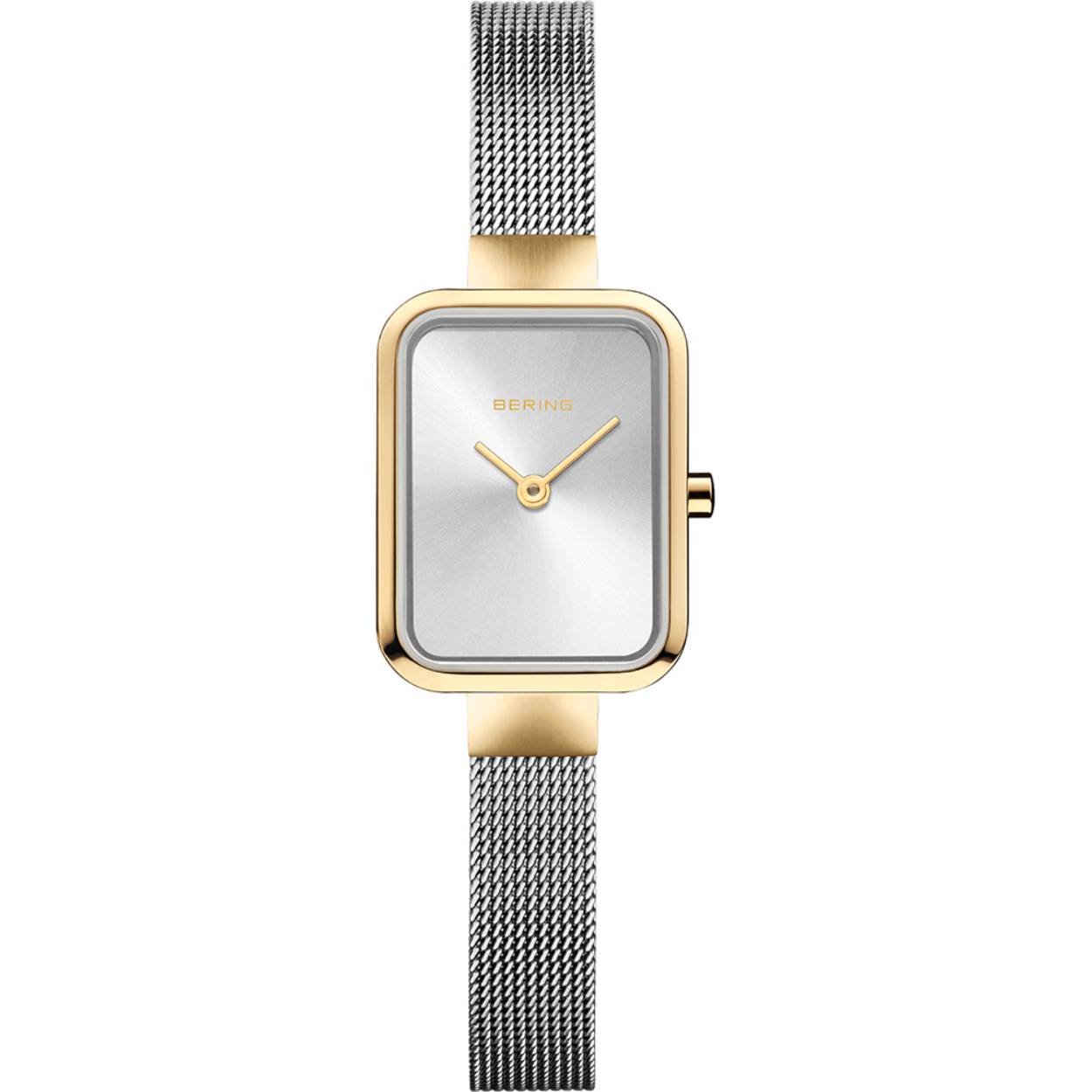 Bering dames horloge, Milanese stalen band, goudkleurige rechthoekige kast, lichte wijzerplaat