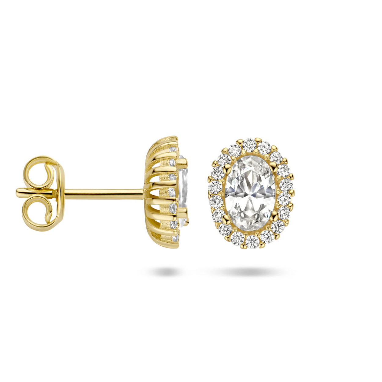 14k Geelgouden oorknoppen uitgevoerd met schitterende zirkonia. De oorknoppen hebben een afmeting van 8.5x7mm.