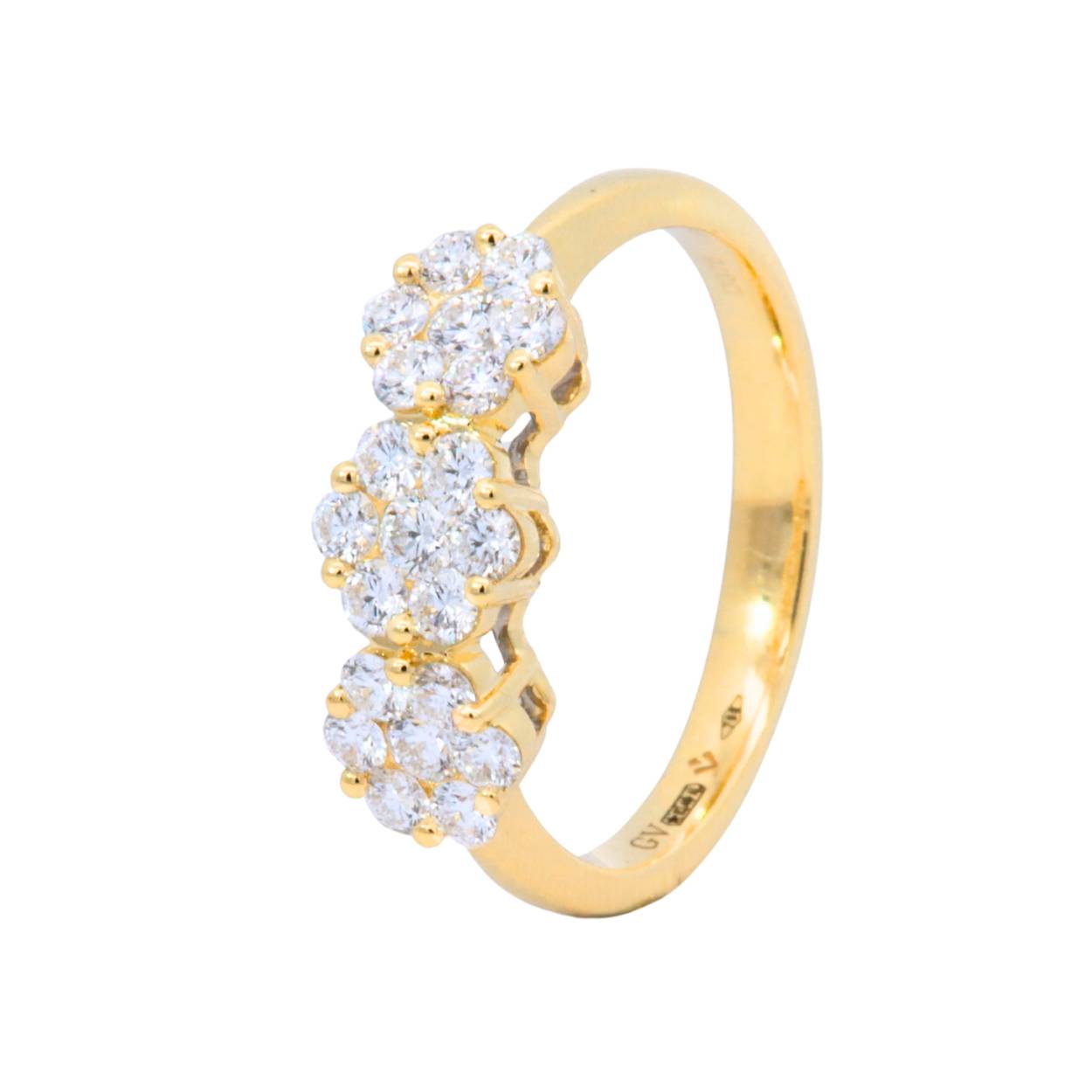 Elegante geelgouden ring 18KT met diamanten trilogie in flowershape 0.78ct