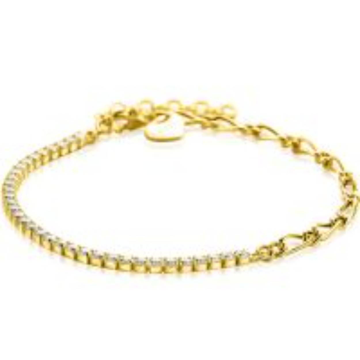ZINZI gold plated zilveren fantasie schakel armband waarbij de ene helft bezet is met witte zirconia's. De lengte van de armband is te variëren tussen 17cm en 20cm. De armband is vervaardigd van eerste gehalte zilver (925) en extra geelverguld.