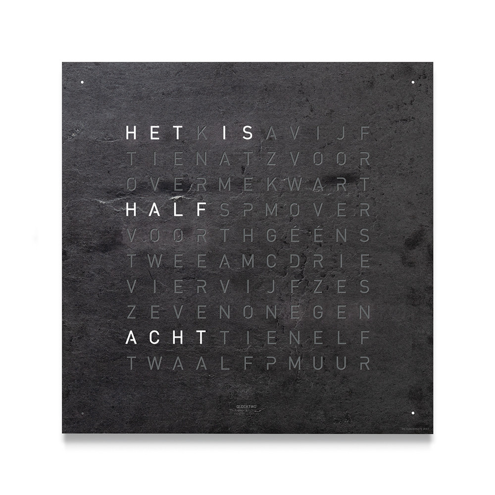 Voor de QLOCKTWO CREATOR'S EDITION METAMORPHITE moest 350 tot 400 miljoen jaar druk worden uitgeoefend totdat grijze leisteen werd gevormd uit kleislurry, die uiteindelijk de voorkant van een QLOCKTWO siert.

De Qlocktwo klok van Marco Biegert en Andreas Funk is een adembenemend mooie klok waarbij de tijd in woorden wordt weergegeven op het display. Nadat de Qlocktwo eenmaal opgemerkt is lijkt het onmogelijk om het oog er van af te houden. De weergave van de tijd verandert iedere vijf minuten terwijl de tussenliggende minuten met kleine lichtpuntjes op de hoeken worden aangegeven. Met de gratis app 'Flashsetter' van Biegert & Funk kan de tijd via uw smartphone eenvoudig op de seconde nauwkeurig naar de QLocktwo Classic worden overgedragen.

Doordat de frontplaten magnetisch vast zitten en dus afneembaar zijn kan de klok naar wens voorzien worden van een front in een andere kleur. Losse frontplaten zijn afzonderlijk leverbaar. De Qlocktwo klok wordt standaard geleverd met montagemateriaal voor aan de wand. Qlocktwo dient van stroom te worden voorzien via een stopcontact (110-240 V. Daarvoor worden twee USB-kabels meegeleverd, een van 25 centimeter en een witte textiel kabel van 220 centimeter. De ingebouwde stroomreserve van de klok bedraagt 24 uur.

Qlocktwo Classic Klok in de kleur Metamorphite (creators edition
✓ Vertelt de tijd in woorden
✓ Tijdloos design
✓ Afmeting: b. 45,0 x h. 45,0 x d. 2,2 cm.
✓ Designer: Biegert & Funk