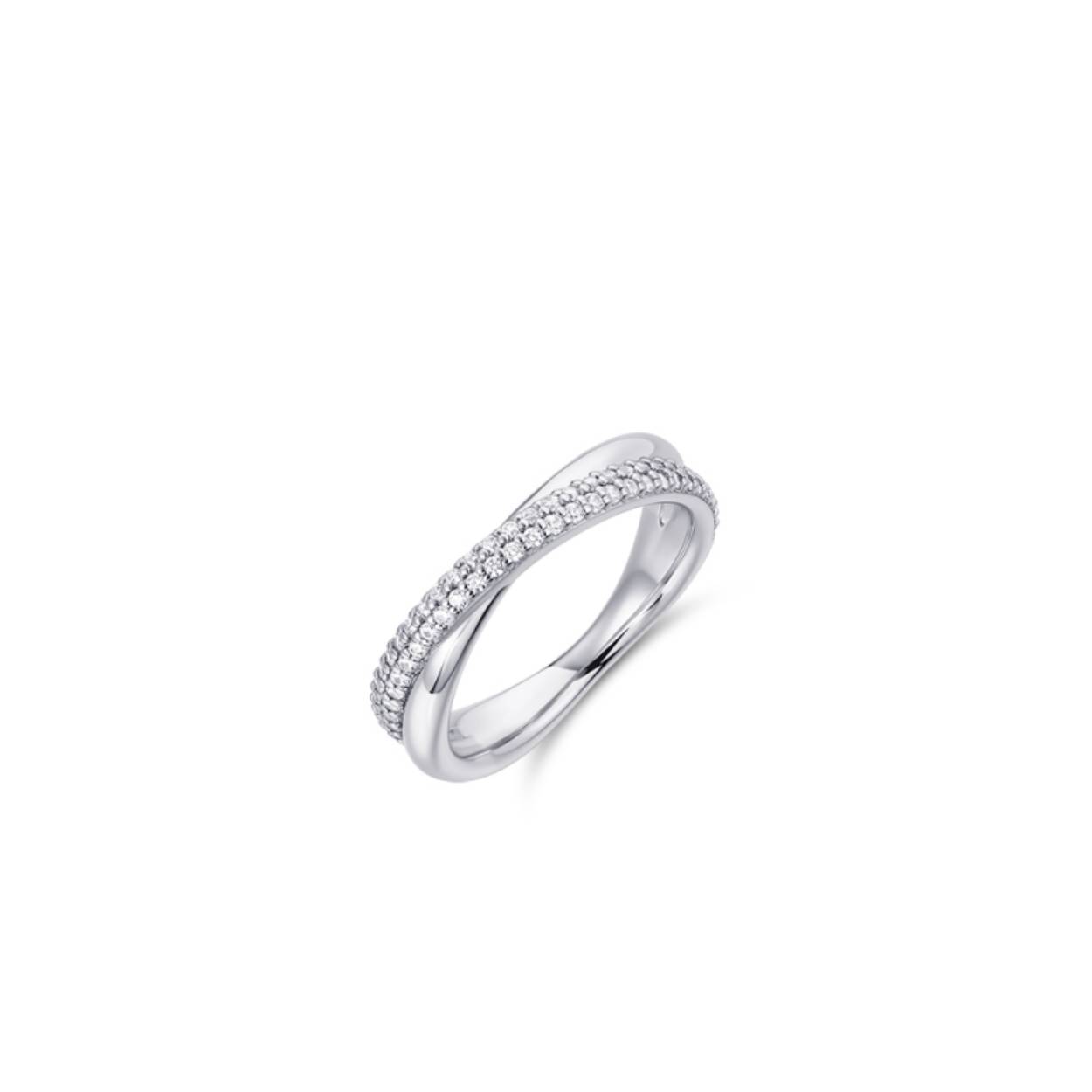 Luxe zilveren damesring cross over model met pavé gezette zirkonia's. De ring is voorzien van een rhodiumlaag voor langdurige glans.
