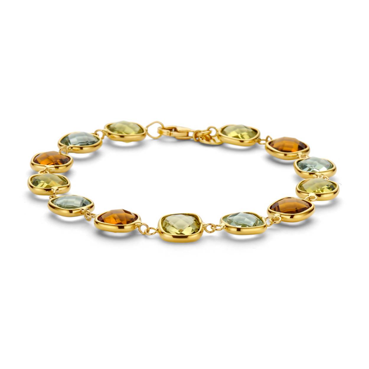 14 karaats luxe gouden armband van het merk Italo Bottene met luxe geslepen edelstenen, peridot, quarts en citrien
lengte 19 cm