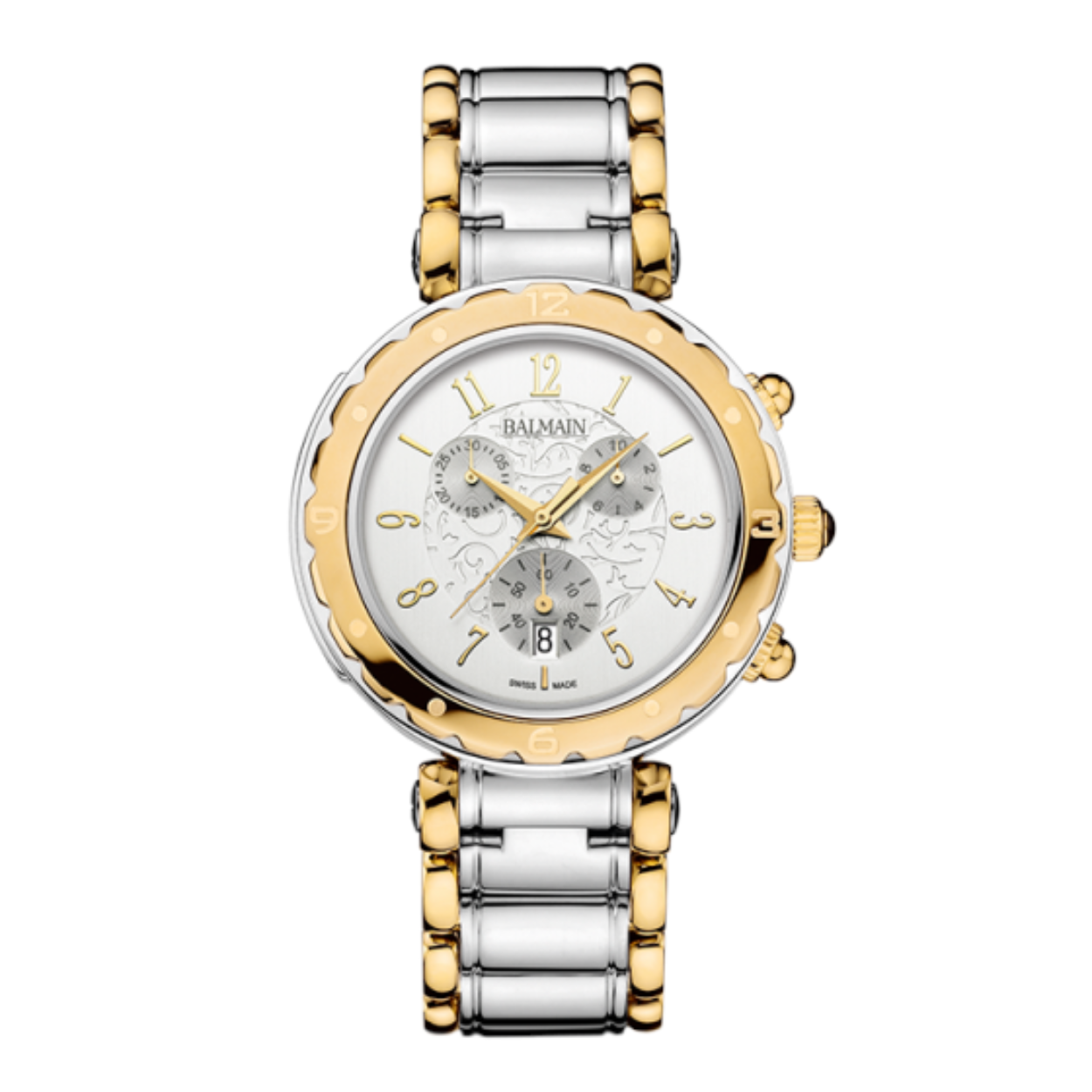 het Balmain Balmania Horloge B56323913 is voorzien van Zwitsers quartz-uurwerk, datumfunctie en chrono multi-indicatie. Met een edelstalen kast en band in goud-zilver combinatie, een ronde witte wijzerplaat met Arabische index en saffierglas. waterdicht tot 5 ATM. Ideaal voor dagelijks gebruik en formele gelegenheden.