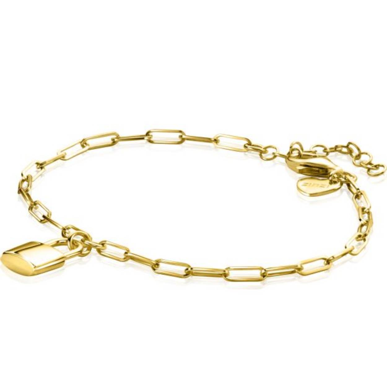 ZINZI gold plated zilveren paperclip schakelarmband met bungelend trendy glimmend slotje als bedeltje. Met herkenbaar Zinzi hartje bij de sluiting. De lengte van de armband is te variëren tussen 16,5 en 19,5cm. De armband is vervaardigd van eerste gehalte zilver (925) en voorzien van een extra 14K geel vergulding.