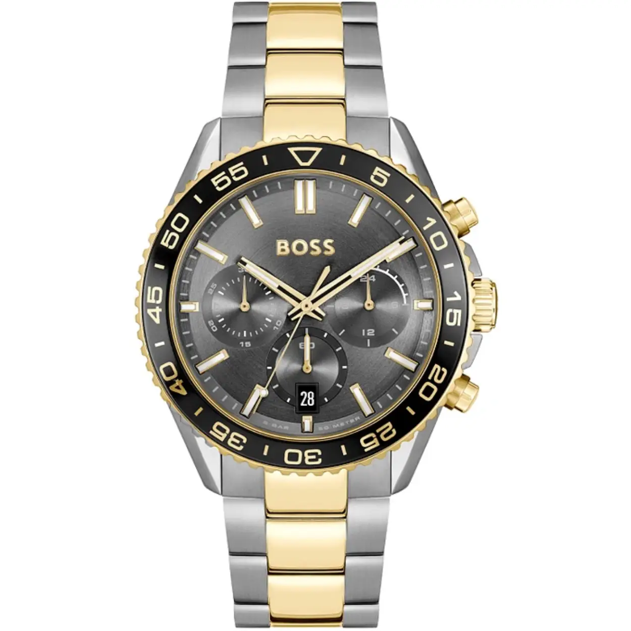 BOSS HB1514144 RUNNER Herenhorloge 43mm 
Dit BOSS horloge uit de RUNNER serie met artikelnr: HB1514144 heeft een stoere sportieve uitstraling. Zeer geschikt voor de moderne stijlvolle man van nu. Het stalen herenhorloge valt op door zijn stalen horlogekast met een zwarte bezel en een grijze wijzerplaat met een chronograaf en datum. Opvallend zijn de wijzers die met lumibrite de tijd aangeven. Aan de kast zit een stalen bicolor schakelband met vouwsluiting. De kast van het horloge heeft een doorsnee van 43mm met mineraalglas en is 5ATM. 

HET MERK:
HUGO BOSS is afgestemd op levensstijlen waar het gaat om kwaliteit en precisie. Het wereldwijde fashionlabel is verdeeld in twee merken: BOSS en HUGO. Het merk BOSS biedt geavanceerde, moderne horloges gericht op kwaliteit en design om een onberispelijke look te creëren – of het nu zakelijk, casual of sportief is. De horloge collectie van BOSS is perfect afgestemd op levensstijlen waar het gaat om kwaliteit en precisie. BOSS is op maat gemaakt in een onberispelijke stijl.

Blijf stijlvol bij de tijd. Voor de BOSS-vrouw is stijl het handelsmerk en draait alles om
details. Breng uw look naar een hoger niveau met onze nieuwe en kenmerkende horlogecollectie.

SPECIFICATIES:
- Mineraalglas
- Ronde kastvorm, Ø 43mm
- Stalen horlogekast
- Grijze wijzerplaat
- Stalen bicolor schakelband