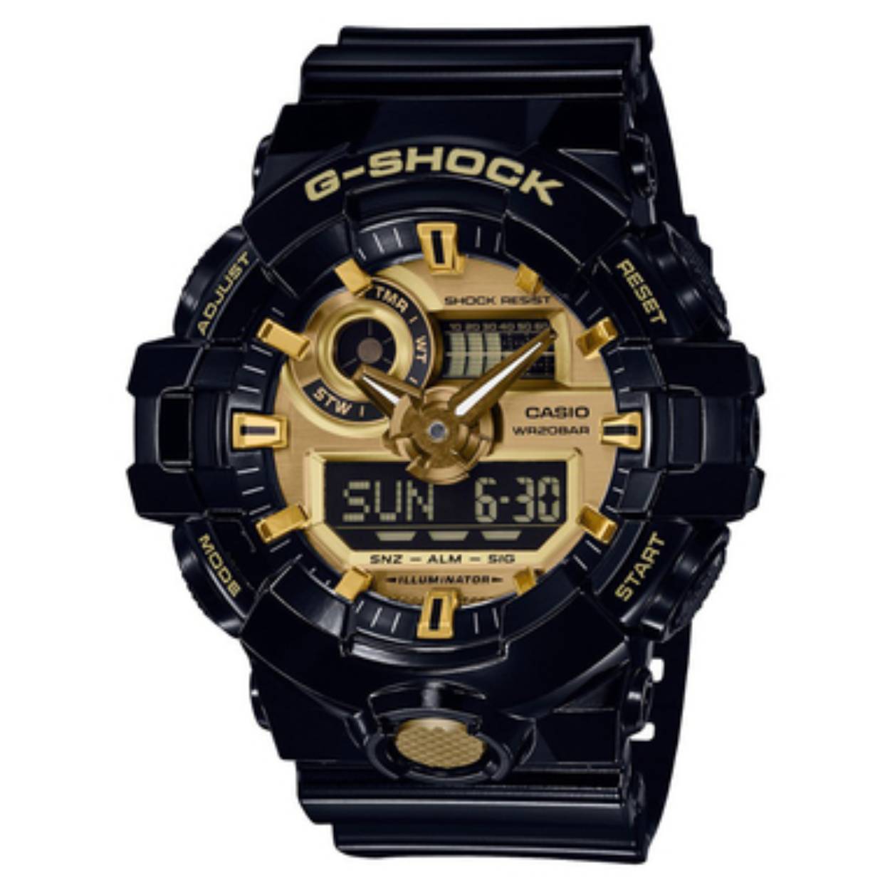  Casio G-Shock GA-710GB-1AER Horloge zijdeglans zwart 53 mm. Uitgevoerd met een superilluminator en een wereldklokfunctie voor 29 wereldtijden. Met een chronograaf die kan vanaf 1/00 seconden tot maximaal 24 uur. Met de Timer