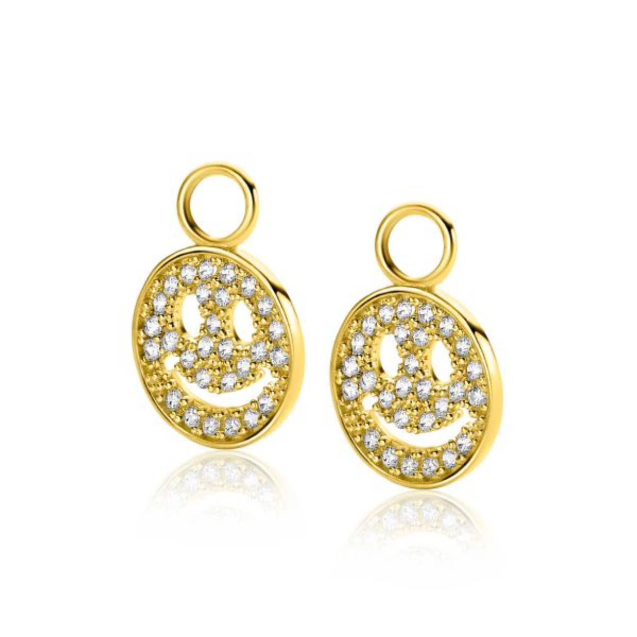 ZINZI gold plated zilveren ronde smiley oorbedels 13mm, vol bezet met witte zirconia's. De oorringen zijn niet bij de prijs inbegrepen. Vervaardigd van eerste gehalte zilver (925) en extra geelverguld.
