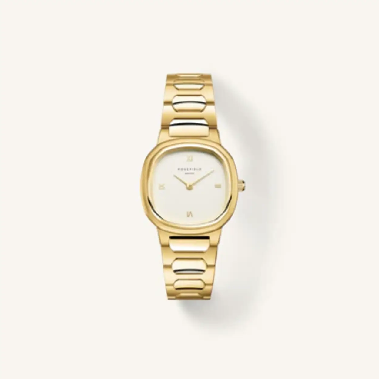 goudkleurig vierkant horloge met witte wijzerplaat en schakelband