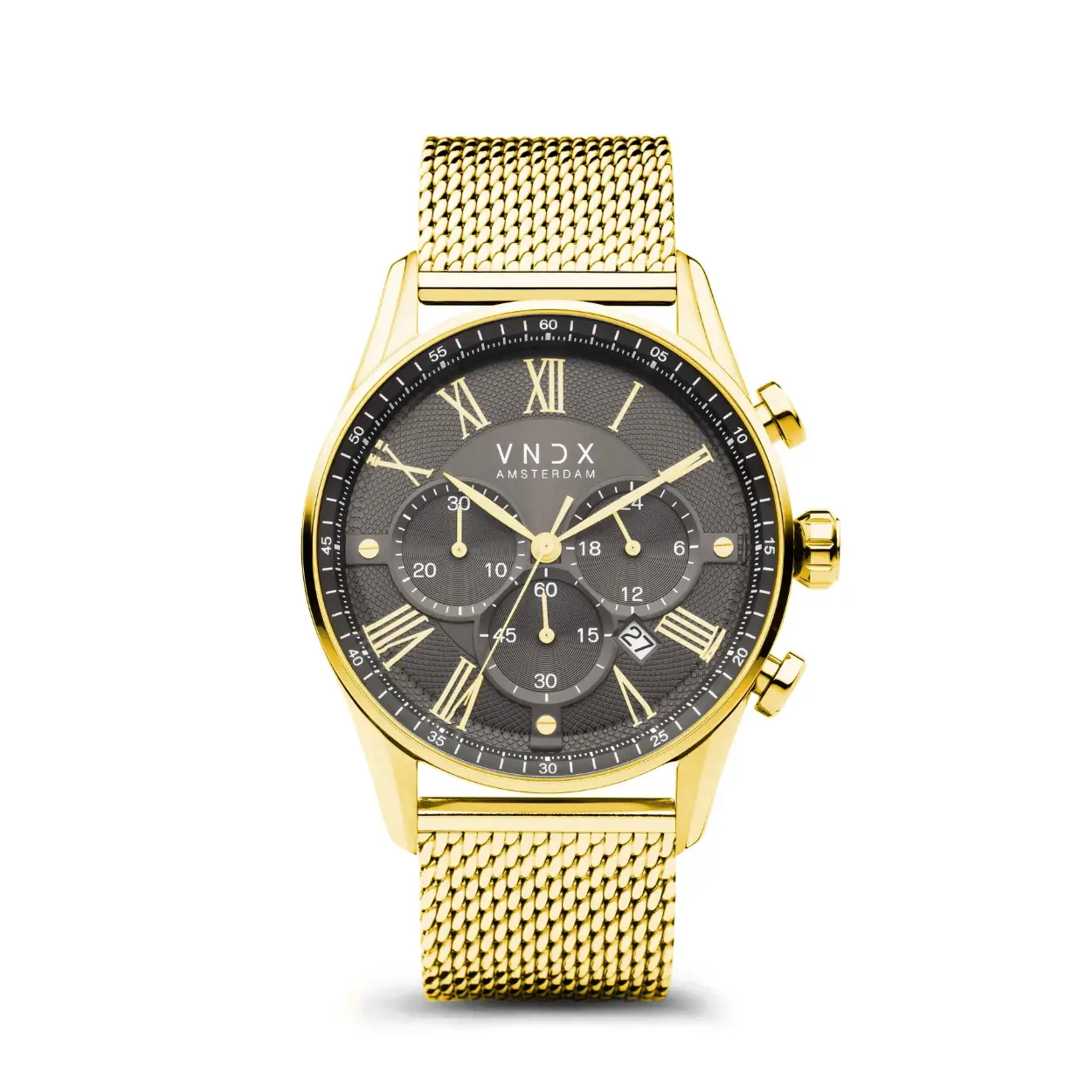 The Boss Goud Grijs, een stijlvol en tijdloos horloge voor iedere gelegenheid. De solide goud stalen kast is tot in de details gevuld met de wijzerplaat. Met zijn diameter van 45 mm is deze ‘Boss’ voorzien van verschillende functies. Aangedreven door een krachtige chronograaf.

De gevarieerde grijze wijzerplaat is voorzien van een stopwatch, een datum aanduiding en een 24-uurs klok. Zo is The Boss net als zijn naam een allrounder. Door zijn tijdloze Romeinse index, straalt de klasse ervan af.

De massief goud stalen mesh band sluit zich perfect aan op de pols, door zijn verschuifbare sluiting is The Boss eenvoudig op maat te maken. Zo neem jij samen met The Boss de controle over je leven.

Wandel je eigen weg, sta achter je eigen keuzes en vertrouw dat de tijd zal leren. Het is nooit te laat om je eigen baas te zijn!