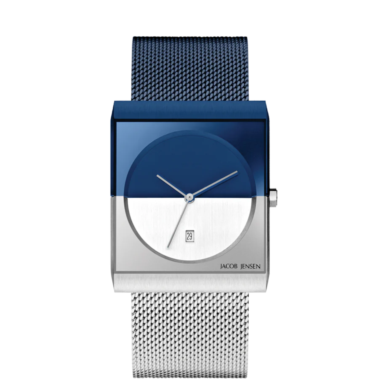 De horloges uit de Classic collectie van Jacob Jensen hebben de iconische tweekleurige wijzerplaat, die zo typisch is voor het design van Jacob Jensen. Extra designelementen van de uniseks Classic 517 zijn de zeshoekige kroon en de wijzers die bestaan uit twee lagen: een matte onderlaag en een blauwe bovenlaag. Design met een functie, want de kroon is zo beter te bedienen en de wijzers makkelijker af te lezen. De Classic 517 heeft een geblauwd stalen en een mat stalen helft, die bij elkaar komen in het midden van de wijzerplaat. De horlogeband is gemaakt van dun geweven staal (milanaise of mesh genoemd), ook hier van half geblauwd en half mat staal. De bandhelften worden gesloten door een clipsluiting die zelf te verstellen is. Het 32 millimeter brede uniseks horloge heeft krasvast saffierglas en een betrouwbaar Zwitsers Ronda quartz uurwerk met datumaanduiding.