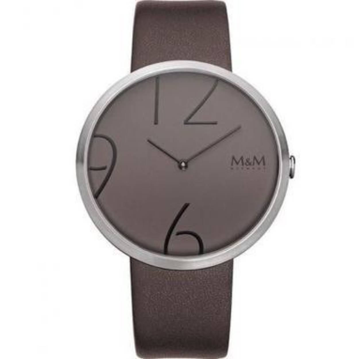 Matte kast met chocolade bruine wijzerplaat en grote Arabische cijfers . Bruine leren band.
