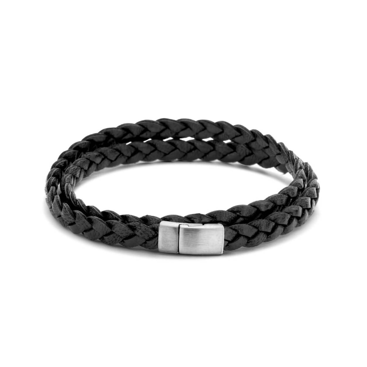 Gerhodineerd 925 zilveren armband uitgevoerd met zwart leer en een magneetsluiting.