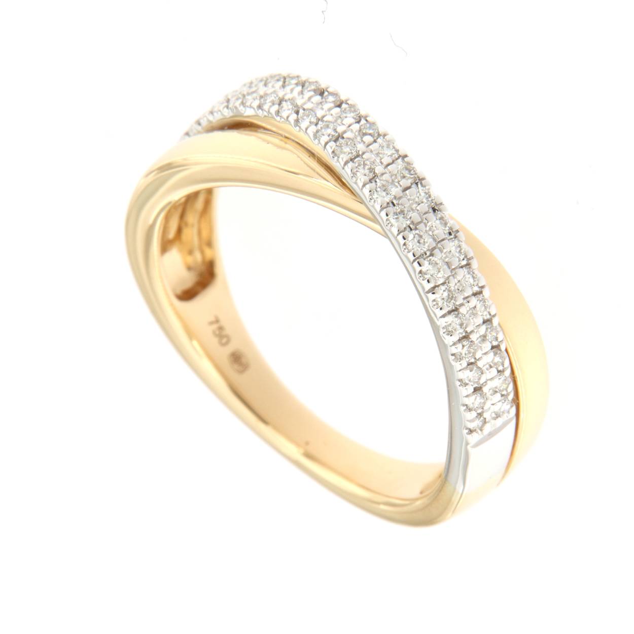 Geel gouden ring met 0.21ct briljant in wit gouden zetting cross-over