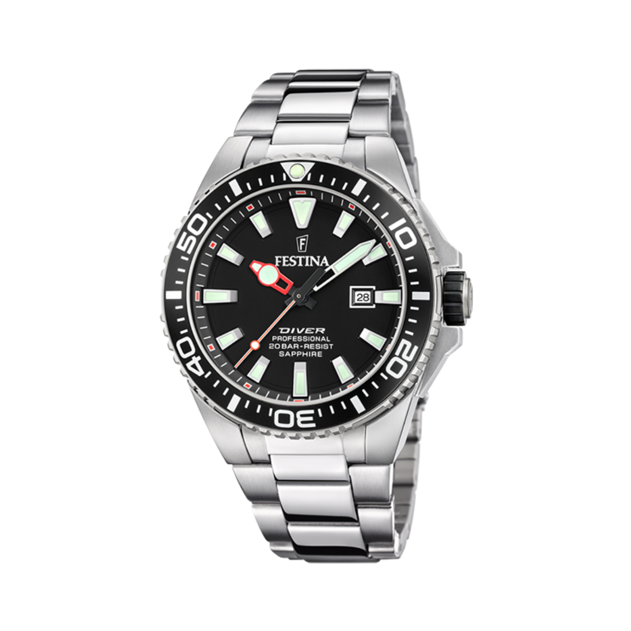 Duikhorloge van Festina 20 atm waterdicht met datum en saffierglas