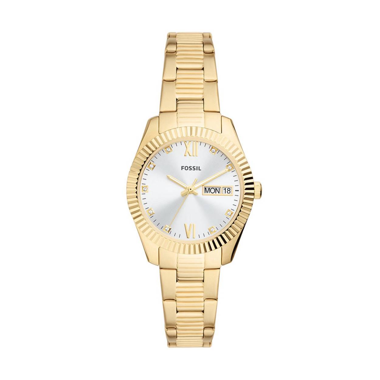 Horloge heeft een zilverkleurige wijzerplaat en een goudkleurige kast.
Het horloge heeft een goudkleurige schakelband en is 5 ATM waterdicht