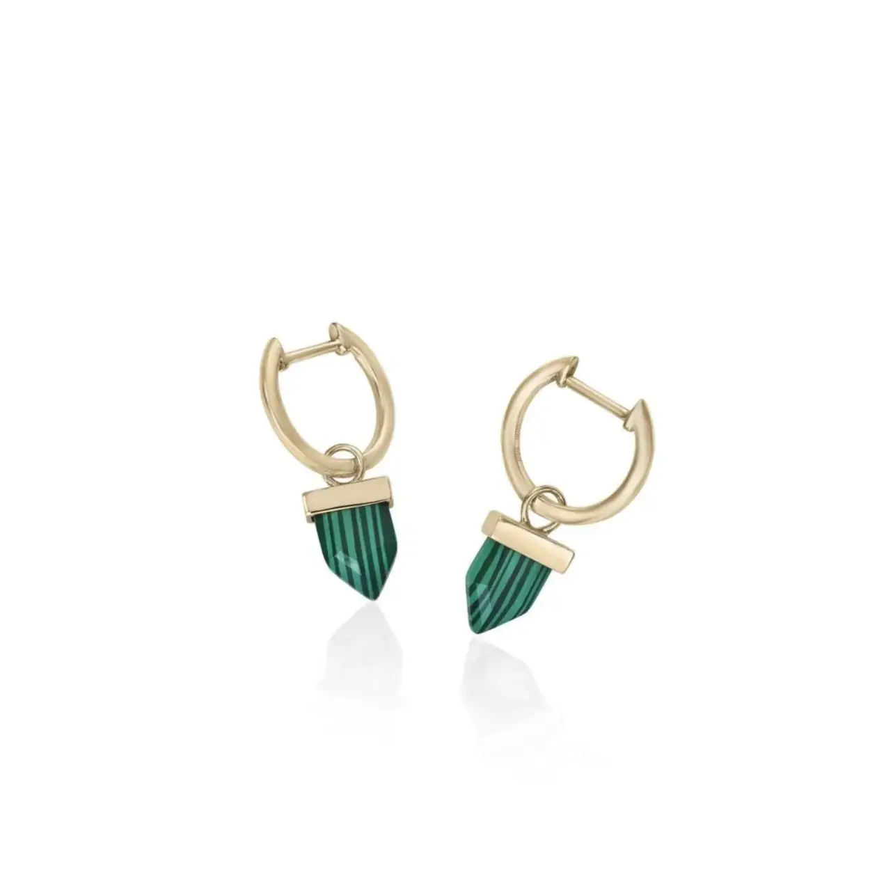 Gold plated earrings with malachite charm design. This piece has a unique and original design and is made of malachite.
