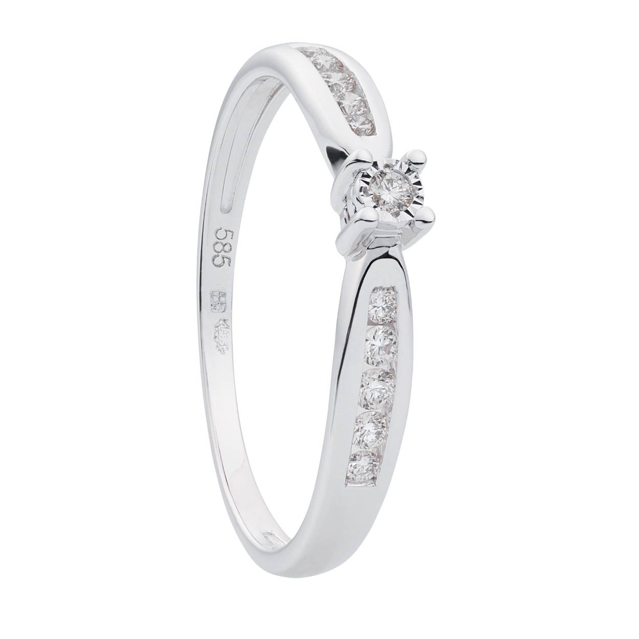 Deze 14 karaat gouden ring bevat een diamant van 0,15 crt. Draag deze elegante ring op je ringvinger voor een subtiele maar luxe uitstraling, perfect voor elke speciale gelegenheid of als dagelijks sieraad om je stijl te accentueren. Let op op de foto is de ring wit goud maar deze is geel goud 