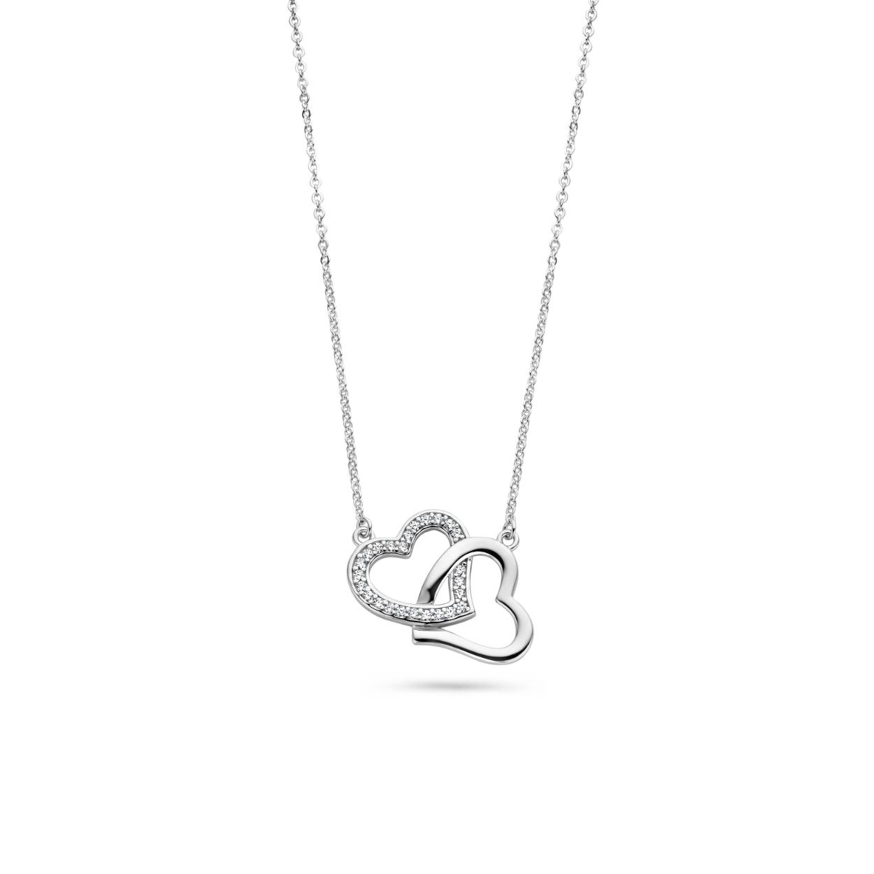 Zilveren Rosa di Luca collier, 2 open harten 1x zirconia's 