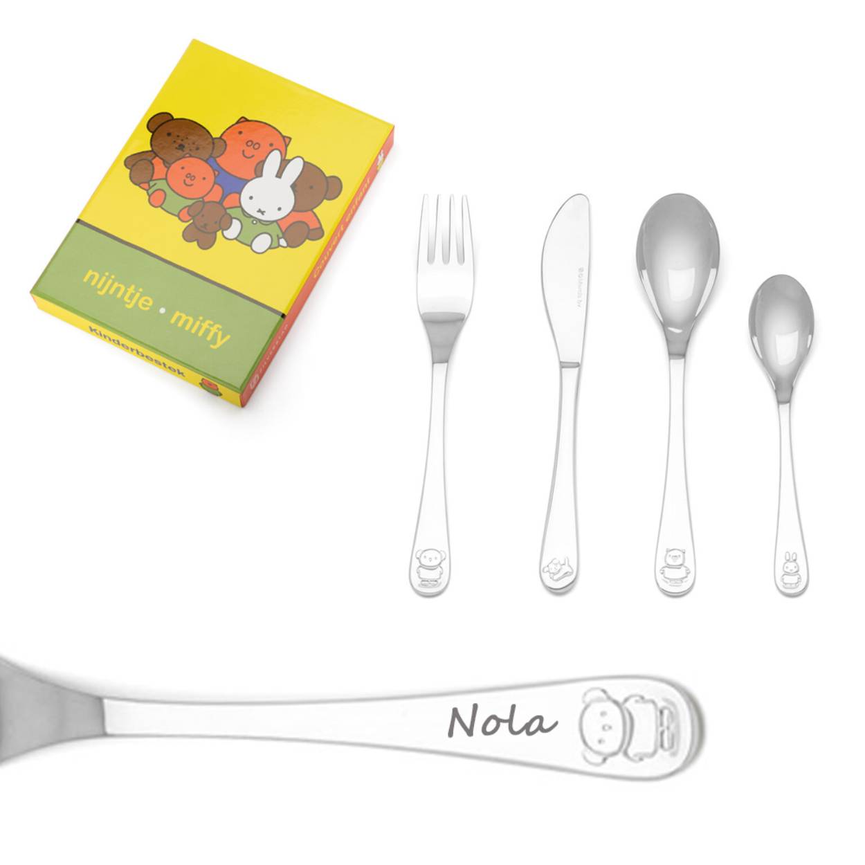 Bestekset van het wereldberoemde konijntje nijntje met haar vriendjes. Op drie bestekdelen staat een vriendje van nijntje afgebeeld en op het kleine paplepeltje staat nijntje zélf. Het bestek is 4-delig en kan gereinigd worden in de vaatwasser. Maak het bestek persoonlijk door het te laten graveren.