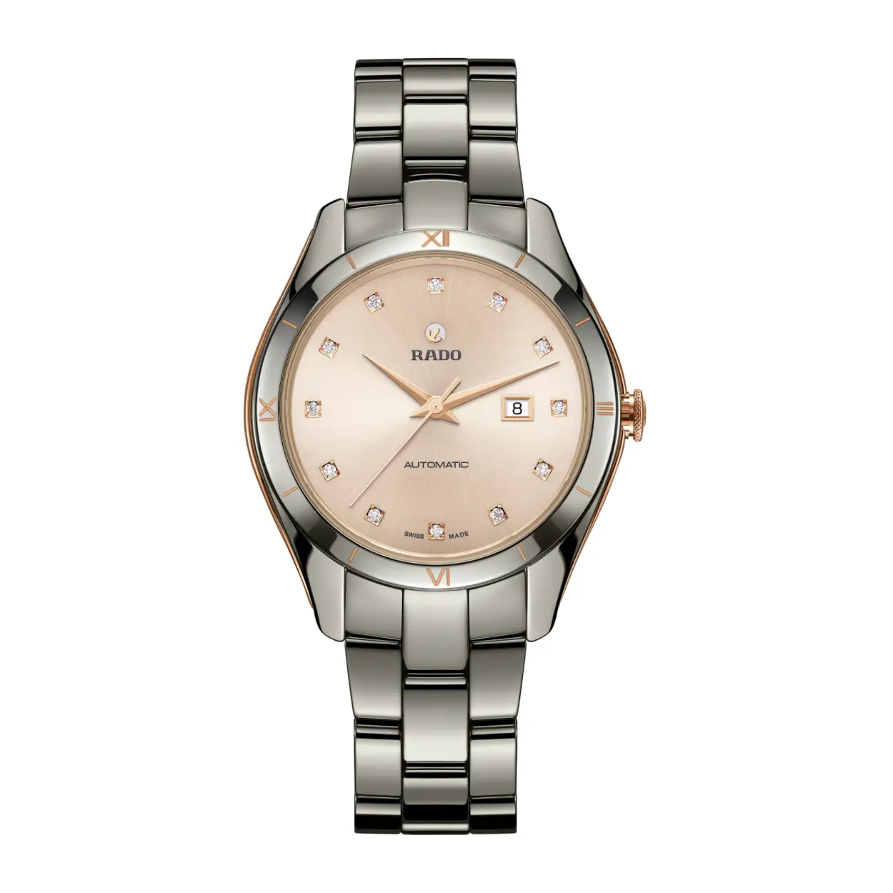 De Rado HyperChrome Automatic Diamonds R32043712 is een elegante en luxe horloge met diamanten op de wijzerplaat. De combinatie van plasma high tech ceramic en rose pvd  geeft het horloge een moderne uitstraling. Draag het horloge met een chice outfit voor een formele gelegenheid of met een casual outfit voor een trendy look. Het horloge is waterbestendig tot 50 meter en heeft een gangreserve van 44 uur. Een prachtig accessoire voor elke gelegenheid!