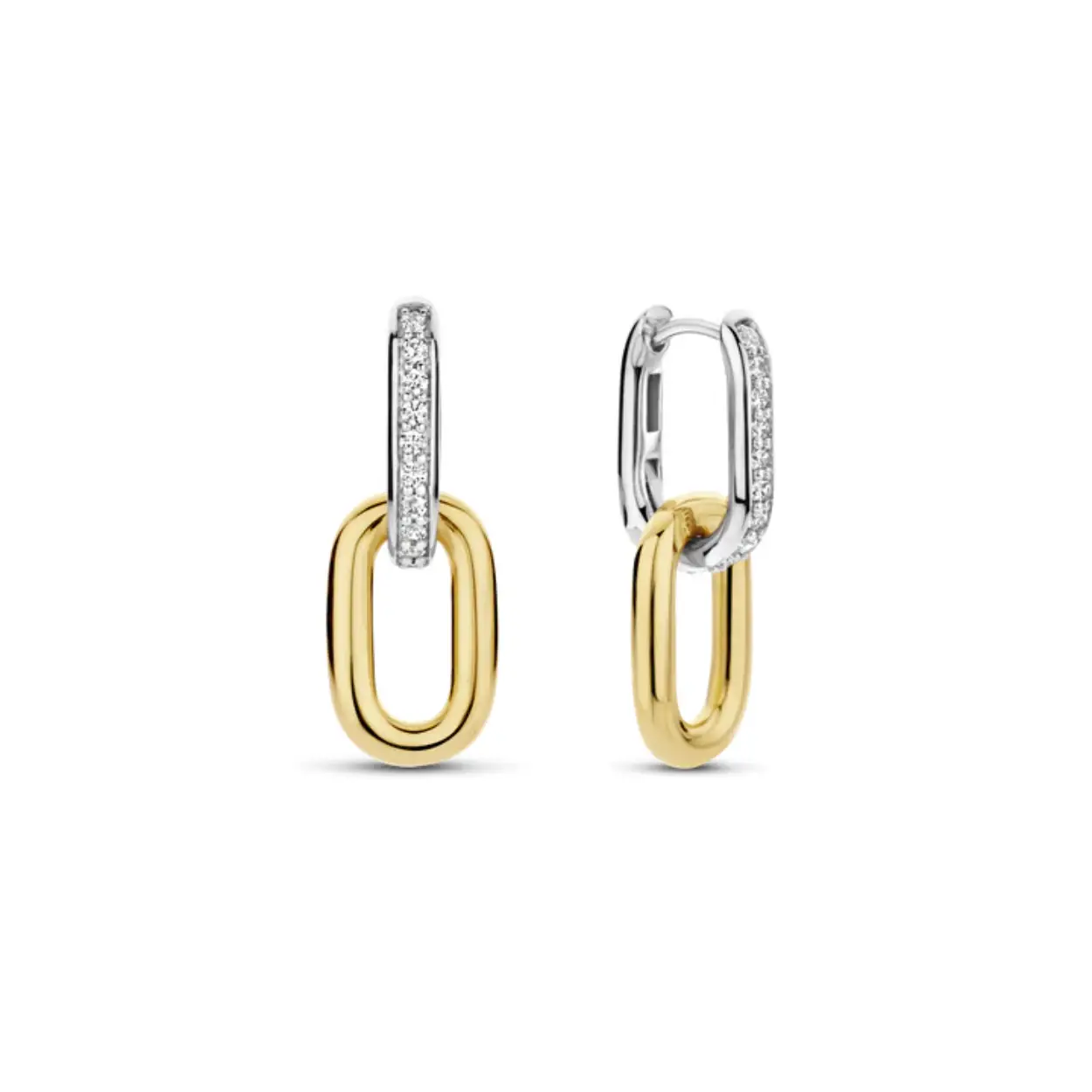 TI SENTO Gold-Plated Silver Link Earrings 7831ZY. Expertly crafted from 925 sterling silver and plated in platinum for enduring brilliance, these earrings showcase two oval hoops adorned with a dazzling pave of white cubic zirconia stones. Suspended from each hoop is a delicate yellow gold-plated link, adding a touch of luxurious opulence to the design. Wear these earrings with confidence for any occasion, from everyday wear to evening elegance, and let their subtle sophistication shine. Perfect for adding a little sparkle to your look, these dainty pieces are sure to enchant. Crafted with care for sensitive skin, these nickel-free and hypoallergenic earrings ensure lasting comfort and quality.

