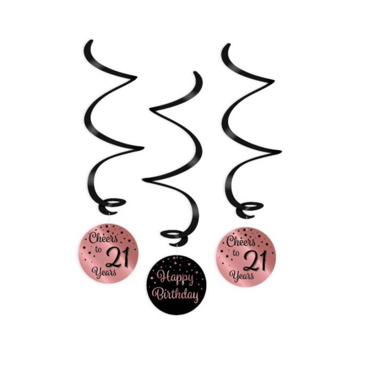 Een luxe feestje kan niet zonder deze rose/black swirl decorations en deze met opdruk 21 maakt het feestje echt af! Deze unieke roségouden zwarte swirls zijn gemaakt van plastic en papier en zijn ongeveer 17 centimeter lang.