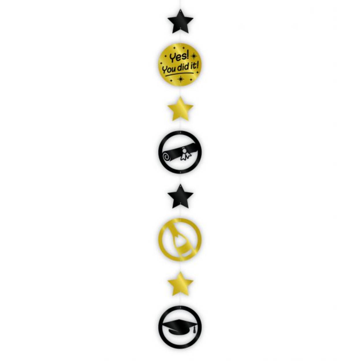 Een luxe feestje kan niet zonder deze gold/black hanging decorations en deze met opdruk You did it maakt het geslaagd feestje echt af! De hanging decorations zijn gemaakt van plastic en zijn ongeveer 120 centimeter lang.