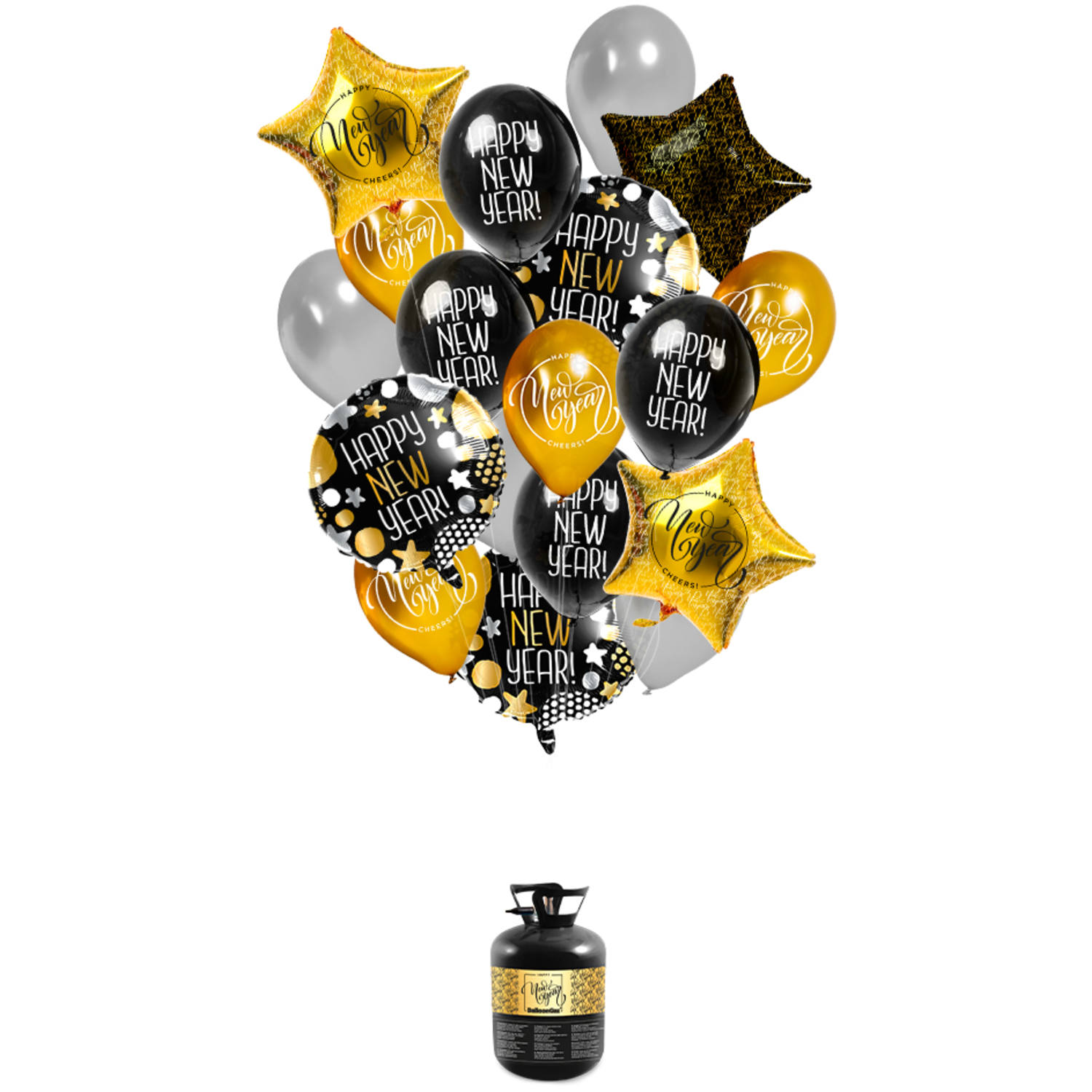 Helium tank Balloongaz 30 'Happy New Year' met Ballonnen en Lint. Inhoud: 1 helium tank, 12 latex ballonnen (23cm), 3 folieballonnen Ster (45cm), 3 folieballonnen Rond (45cm) en 1 rol lint. Kleur: Meerkleurig. Bijvoorbeeld te gebruiken tijdens de volgende feestgelegenheid/feestgelegenheden: Oud en Nieuw. Het artikel is gemaakt van staal.