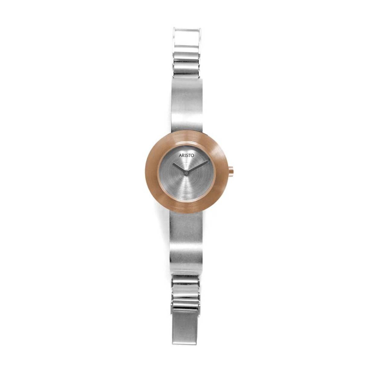 Gesatineerd edelstaal, PVD rosé, Ø 29 mm, hoogte 6,3 mm, verzilverde wijzerplaat, mineraalglas, waterbestendig 5 atm, Zwitsers Ronda quartz uurwerk, met edelstalen spangband en schakels om in te korten.