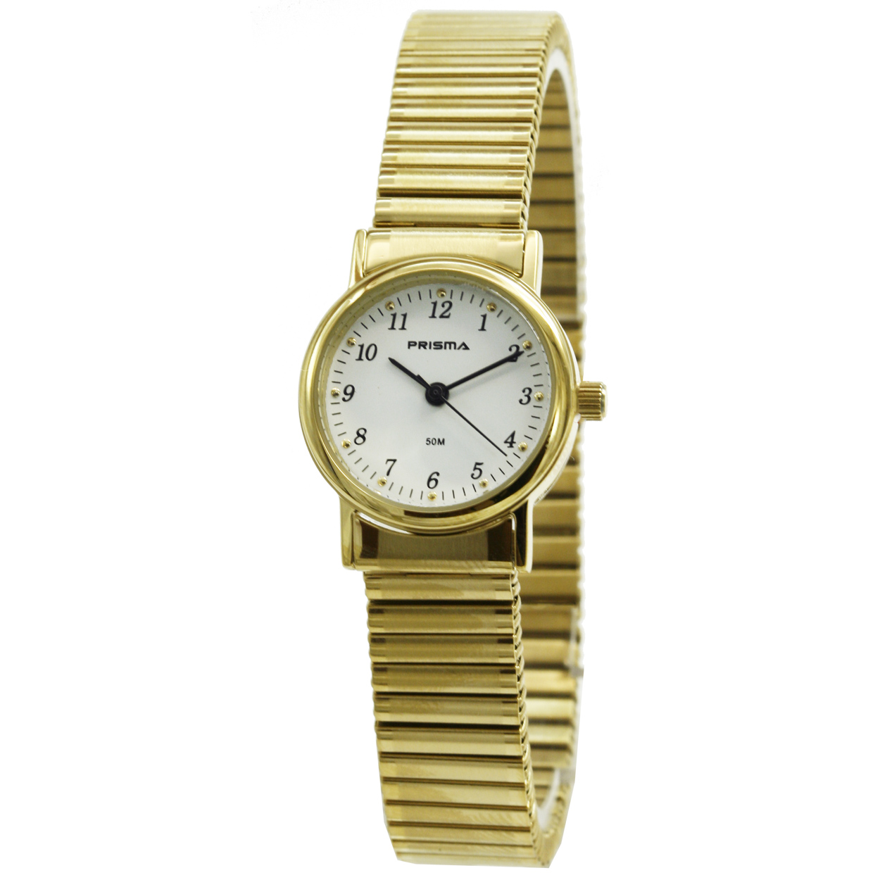 Prisma horloge P.1055 dames edelstaal 5 ATM 

Algemeen
Geslacht: dames
Model: P.1055

Voordelen
- rekband sluit naadloos aan op de huid
- band edelstaal goud
- wijzerplaat wit met zwarte cijfers (arabisch)
- duidelijke tijdsweergave
- spat waterdicht: handenwassen, regen
- quartz
- maat kast 25mm (breedte) 8mm (dikte)