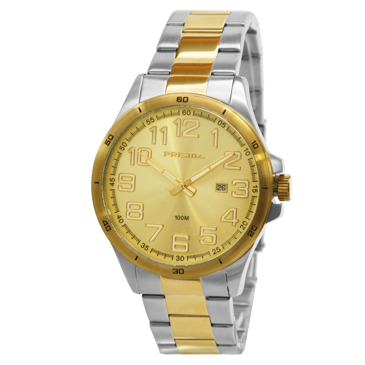 Prisma horloge P.1089 heren edelstaal 10 ATM 

Algemeen
Geslacht: heren
Model: P.1089

Voordelen
- band edelstaal zilver/goud (bicolor)
- wijzerplaat goud met gouden cijfers (arabisch)
- boven gem. waterdicht: zwemmen/duiken
- ook voor brede pols (max. 233,95 mm)
- compacte sluiting met extra draagcomfort
- datum
- duidelijke tijdsweergave
- quartz
- maat kast 43mm (breedte) 11mm (dikte)